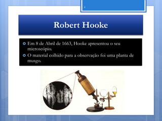 4




                 Robert Hooke
   Em 8 de Abril de 1663, Hooke apresentou o seu
    microscópio.
   O material colhido para a observação foi uma planta de
    musgo.




                                                        Nuno Correia 11/12
 