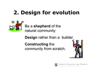 2. Design for evolution

   Be a shepherd of the
   natural community
   Design rather than a builder
   Constructing the
   community from scratch.
 