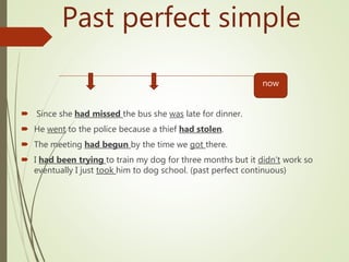 Past perfect simple
 Since she had missed the bus she was late for dinner.
 He went to the police because a thief had stolen.
 The meeting had begun by the time we got there.
 I had been trying to train my dog for three months but it didn’t work so
eventually I just took him to dog school. (past perfect continuous)
now
 