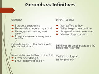 Gerunds vs Infinitives
GERUND
 I propose postponing
 He considers negotiating a bind
 He suggested meeting next
week
 Imagine a weekend away every
month
Gerunds are verbs that take a verb
with an ING after it.
Some verbs take both an ING or TO
 I remember doing it.
 I must remember to do it
INFINITIVE (TO)
 I can’t afford to buy
 I failed to get there on time
 He agreed to meet next week
 I decided to postpone it
Infinitives are verbs that take a TO
before the next verb
Yes! It’s not logical….
It’s language 
 