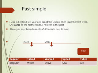 Past simple
 I was in England last year and I met the Queen. Then I saw her last week.
She came to the Netherlands. ( All over in the past )
 Have you ever been to Austria? (Connects past to now)
 2010 2011
now
Regular Talked Worked Cycled Tidied
Irregular Wrote Drove Saw Ate
 