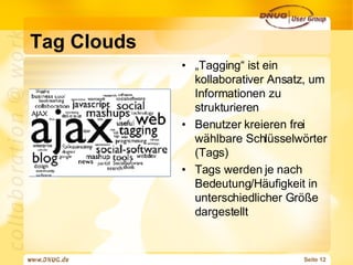 Tag Clouds „Tagging“ ist ein kollaborativer Ansatz, um Informationen zu strukturieren Benutzer kreieren frei wählbare Schlüsselwörter (Tags) Tags werden je nach Bedeutung/Häufigkeit in unterschiedlicher Größe dargestellt 