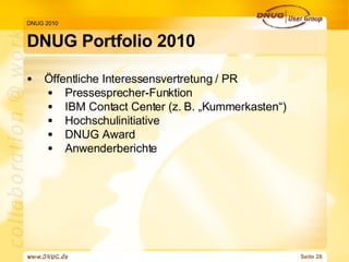 DNUG Portfolio 2010 DNUG 2010 Öffentliche Interessensvertretung / PR Pressesprecher-Funktion IBM Contact Center (z. B. „Kummerkasten“) Hochschulinitiative DNUG Award Anwenderberichte 
