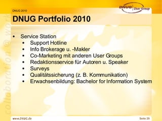 DNUG Portfolio 2010 DNUG 2010 Service Station Support Hotline Info Brokerage u. -Makler Co-Marketing mit anderen User Groups Redaktionsservice für Autoren u. Speaker Surveys Qualitätssicherung (z. B. Kommunikation) Erwachsenbildung: Bachelor for Information System 