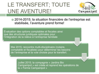 LE TRANSFERT; TOUTE
UNE AVENTURE!
 2014-2015; la situation financière de l’entreprise est
stabilisée, l’aventure prend forme!
Évaluation des options comptables et fiscales ainsi
que des structures juridiques optimales pour
l’intégration de la relève à l’entreprise familiale
Mai 2015; rencontre multi-disciplinaire (notaire,
comptable et fiscaliste) pour déterminer les besoins
de l’entreprise et la voie choisie pour le transfert.
Juillet 2015; la compagnie « Jardins Bio
Campanipol » est créée et reprend les opérations de
la « Ferme Campanipol »
 
