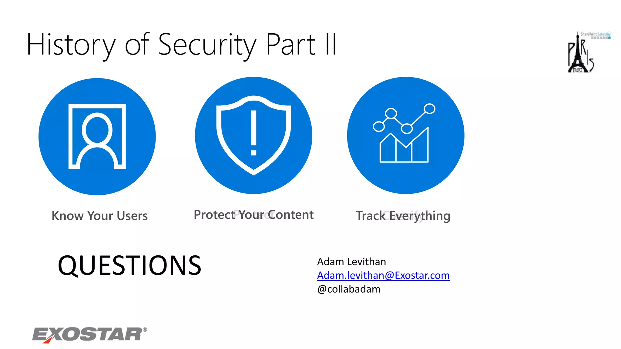 History of Security Part II
Know Your Users ClassifyTrack EverythingProtectProtect Your Content
QUESTIONS Adam Levithan
Adam.levithan@Exostar.com
@collabadam
 