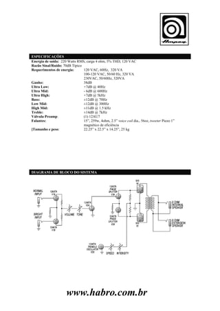 ESPECIFICAÇÕES
Energia de saída: 220 Watts RMS, carga 4 ohm, 5% THD, 120 VAC
Razão Sinal/Ruído: 70dB Típico
Requerimentos de energia:
120 VAC, 60Hz, 320 VA
100-120 VAC, 50/60 Hz, 320 VA
230VAC, 50/60Hz, 320VA
Ganho:
38dB
Ultra Low:
+7dB @ 40Hz
Ultra Mid:
- 6dB @ 600Hz
Ultra High:
+7dB @ 5kHz
Bass:
±12dB @ 70Hz
Low Mid:
±12dB @ 300Hz
High Mid:
±11dB @ 1.5 kHz
Treble:
±14dB @ 7kHz
Válvula Preamp:
(1) 12AU7
Falantes:
15”, 259w, 4ohm, 2.5” voice coil dia., 56oz, tweeter Piezo 1”
magnético de eficiência
]Tamanho e peso:
22.25” x 22.5” x 14.25”, 25 kg

DIAGRAMA DE BLOCO DO SISTEMA

www.habro.com.br

 