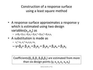 Construction of a response surface
               using a least square method


• A response surface approximates a response y
  which is estimated using two design
  variables(x1,x2) as
   – y=β0+ β1x1 + β2x2 + β3x12 + β4x22 + β5x1x2
• A substitution is made as
   – x12 =x3 x22 =x4 x1x2 =x5
   – y=β0+ β1x1 + β2x2 + β3x3 + β4x4 + β5x5


   Coefficients(β0 β1β2 β3β4β5) are estimated from more
           than six design points (y, x1 x2 x3 x4 x5)
                                  研究の世界入門B
 