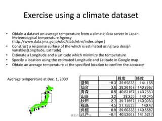 Exercise using a climate dataset
•   Obtain a dataset on average temperature from a climate data server in Japan
    Meteorological temperature Agency
    (http://www.data.jma.go.jp/obd/stats/etrn/index.phpe )
•   Construct a response surface of the which is estimated using two design
    variables(Longitude, Latitude)
•   Estimate a Longitude and a Latitude which minimize the temperature
•   Specify a location using the estimated Longitude and Latitude in Google map
•   Obtain an average temperature at the specified location to confirm the accuracy


Average temperature at Dec. 1, 2000                                  緯度         経度
                                           盛岡                 -0.3   39.69833    141.165
                                           仙台                  3.6   38.26167   140.8967
                                           青森                  0.5   40.82167   140.7683
                                           山形                  3.2     38.255    140.345
                                           秋田                  2.7   39.71667   140.0983
                                           福島                  4.5   37.75833     140.47
                                           角館                  0.9   39.60333   140.5567
                                           八戸
                                       研究の世界入門B               -0.1   40.52667   141.5217
 