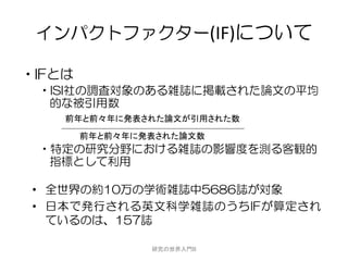 インパクトファクター(IF)について

•IFとは
 •ISI社の調査対象のある雑誌に掲載された論文の平均
  的な被引用数
    前年と前々年に発表された論文が引用された数

        前年と前々年に発表された論文数
 •特定の研究分野における雑誌の影響度を測る客観的
  指標として利用

 • 全世界の約10万の学術雑誌中5686誌が対象
 • 日本で発行される英文科学雑誌のうちIFが算定され
   ているのは、157誌

                研究の世界入門B
 
