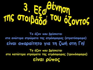 Το όζον που βρίσκεται
στα ανώτερα στρώματα της ατμόσφαιρας (στρατόσφαιρα)
είναι απαραίτητο για τη ζωή στη Γη!
Το όζον που βρίσκεται
στα κατώτερα στρώματα της ατμόσφαιρας (τροπόσφαιρα)
είναι ρύπος
 