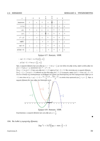 4.4. ΕΞΙΣΩΣΕΙΣ ΚΕΦΑΛΑΙΟ 4. ΤΡΙΓΩΝΟΜΕΤΡΙΑ
Σχήµα 4.7: ΄Ασκηση 103β΄.
- αp(−1) > 0 αν (−∞, 0) 1
2 , ∞
- p(1)p(−1) > 0 αν µ ∈ 1
2 , ∞ .
΄Αρα, η αρχική εξίσωση έχει µια ϱίζα ηµ x = −1 αν µ = 1
2 µε την άλλη του ϱίζα εκτός, αφού η άλλη ϱίζα του
p(x) = 0 για µ = 1
2 ικανοποιεί την γ2
− α2
> 0.
Για µ < 1
2 το p(x) = 0 έχει µια ϱίζα στο [−1, 1] αφού p(1)p(−1) < 0. Και συνεπώς και η αρχική εξίσωση.
Για 1
2 < µ < 2
3 το p(x) = 0 πιθανόν να έχει δύο ϱίζες στο (−1, 1) ή καµµία, αφού αp(1) > 0 και αp(−1) > 0.
Για να το δούµε ας υπολογίσουµε τη διαφορά του µέσου του διαστήµατος των δύο πραγµατικών ϱιζών µε το
−1, που είναι το (ρ1 + ρ2) − (−1) =
µ − 2 + µ
µ
=
2(µ − 1)
µ
, το οποίο είναι αρνητικό για 1
2 < µ < 2
3 . ΄Αρα, η
αρχική εξίσωση δεν έχει ϱίζες στο διάστηµα αυτό.
Σχήµα 4.8: ΄Ασκηση 103β΄.
Συµπέρασµα, η αρχική εξίσωση έχει µια ϱίζα για µ ≤
1
2
.
104. Να λυθεί η οµογενής εξίσωση:
2ηµ 2
x + 2
√
3 ηµ x · συν x = 3
Λυγάτσικας Ζ. 32
 