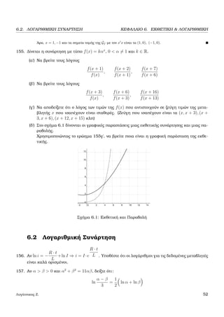 6.2. ΛΟΓΑΡΙΘΜΙΚΗ ΣΥΝΑΡΤΗΣΗ ΚΕΦΑΛΑΙΟ 6. ΕΚΘΕΤΙΚΗ & ΛΟΓΑΡΙΘΜΙΚΗ
΄Αρα, x = 1, −1 και τα σηµεία τοµής της Gf µε τον x x είναι τα (1, 0), (−1, 0).
155. ∆ίνεται η συνάρτηση µε τύπο f(x) = kαx
, 0 < α = 1 και k ∈ R.
(α΄) Να ϐρείτε τους λόγους
f(x + 1)
f(x)
,
f(x + 2)
f(x + 1)
,
f(x + 7)
f(x + 6)
(ϐ΄) Να ϐρείτε τους λόγους
f(x + 3)
f(x)
,
f(x + 6)
f(x + 3)
,
f(x + 16)
f(x + 13)
(γ΄) Να αποδείξετε ότι ο λόγος των τιµών της f(x) που αντιστοιχούν σε Ϲεύγη τιµών της µετα-
ϐλητής x που ισαπέχουν είναι σταθερές. (Ζεύγη που ισαπέχουν είναι τα (x, x + 3), (x +
3, x + 6), (x + 12, x + 15) κλπ)
(δ΄) Στο σχήµα 6.1 δίνονται οι γραφικές παραστάσεις µιας εκθετικής συνάρτησης και µιας πα-
ϱαβολής.
Χρησιµοποιώντας το ερώηµα 155γ΄, να ϐρείτε ποια είναι η γραφική παράσταση της εκθε-
τικής.
Σχήµα 6.1: Εκθετική και Παραβολή
6.2 Λογαριθµική Συνάρτηση
156. Αν ln i = −
R · t
L
+ln I ⇒ i = I ·e
R · t
L . Υποθέστε ότι οι λογάριθµοι για τις δεδοµένες µεταβλητές
είναι καλά ορισµένοι.
157. Αν α > β > 0 και α2
+ β2
= 11αβ, δείξτε ότι:
ln
α − β
3
=
1
2
ln α + ln β
Λυγάτσικας Ζ. 52
 