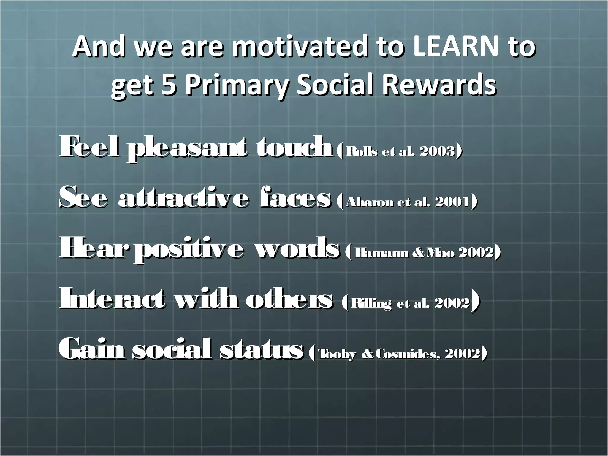 And we are motivated toAnd we are motivated to LEARNLEARN toto
get 5 Primary Social Rewardsget 5 Primary Social Rewards
Feel pleasant touchFeel pleasant touch((Rolls et al. 2003Rolls et al. 2003))
See attractive facesSee attractive faces ((Aharon et al. 2001Aharon et al. 2001))
Hearpositive wordsHearpositive words ((Hamann &Mao 2002Hamann &Mao 2002))
Interact with othersInteract with others ((Rilling et al. 2002Rilling et al. 2002))
Gain social statusGain social status ((Tooby &Cosmides, 2002Tooby &Cosmides, 2002))
 