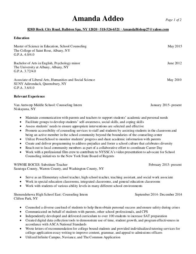 Sample resume for school counseling