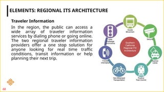 Traveler Information
In the region, the public can access a
wide array of traveler information
services by dialing phone or going online.
The two regional traveler information
providers offer a one stop solution for
anyone looking for real time traffic
conditions, transit information or help
planning their next trip.
ELEMENTS: REGIONAL ITS ARCHITECTURE
68
 