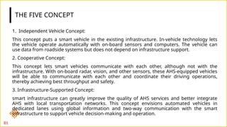 THE FIVE CONCEPT
1. Independent Vehicle Concept:
This concept puts a smart vehicle in the existing infrastructure. In-vehicle technology lets
the vehicle operate automatically with on-board sensors and computers. The vehicle can
use data from roadside systems but does not depend on infrastructure support.
2. Cooperative Concept:
This concept lets smart vehicles communicate with each other, although not with the
infrastructure. With on-board radar, vision, and other sensors, these AHS-equipped vehicles
will be able to communicate with each other and coordinate their driving operations,
thereby achieving best throughput and safety.
3. Infrastructure-Supported Concept:
smart infrastructure can greatly improve the quality of AHS services and better integrate
AHS with local transportation networks. This concept envisions automated vehicles in
dedicated lanes using global information and two-way communication with the smart
infrastructure to support vehicle decision-making and operation.
81
 