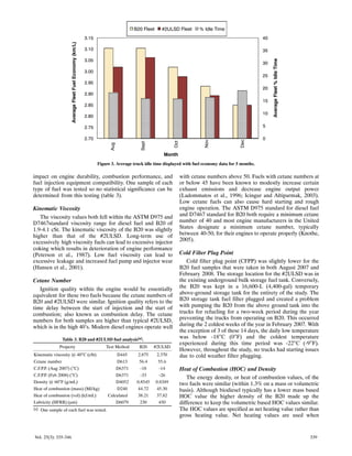 ÕÕÕÕÕÕÕÕÕÕÕÕÕÕÕÕÕÕÕÕÕÕÕÕÕ                                         B20 Fleet     #2ULSD Fleet         % Idle Time
                 ÕÕÕÕÕÕÕÕÕÕÕÕÕÕÕÕÕÕÕÕÕÕÕÕÕ
                 ÕÕÕÕÕÕÕÕÕÕÄÕÕÕÕÕÕÕÕÕÕÕÕÕÕÕ               3.15                                                                                      40




                      Average Fleet Fuel Economy (km/L)
                 ÕÕÕÕÕÕÕÕÕÕÕÕÕÕÕÕÕÕÕÕÕÕÕÕÕ                3.10                                                                                      35

                 ÕÕÕÕÕÕÕÕÕÕÕÕÕÕÕÕÕÕÕÕÕÕÕÕÕ




                                                                                                                                                         Average Fleet % Idle Time
                                                          3.05
                                                                                                                                                    30
                 ÕÕÕÕÕÕÕÕÕÕÕÕÕÕÕÕÕÕÕÕÕÕÕÕÕ
                 ÕÕÕÕÕÕÕÕÕÕÕÕÕÕÕÕÕÕÕÕÕÕÕÕÕ                3.00
                                                                                                                                                    25
                                                          2.95
                 ÕÕÕÕÕÕÕÕÕÕÕÕÕÕÕÕÕÕÕÕÕÕÕÕÕ                                                                                                          20
                 ÕÕÕÕÕÕÕÄÕÕÕÄÕÕÕÕÕÕÕÕÕÕÕÕÕ
                     ÄÕÕÕÕÕÕÕÕÕÕÕÕÕÕÕÕÕÕÕÕ
                     ÄÄÄÕÄÄÄÕÄÄÄÄÄÄÄÄ
                       ÄÄÄÄÄÄÄÄÄÄÄÄÄÄÄ                    2.90
                                                                                                                                                    15
                 ÕÕÕÕÕÕÕÄÕÕÕÄÕÕÕÕÕÕÕÕÕÕÕÕÕ
                     ÄÄÄÕÄÄÄÕÄÄÄÄÄÄÄÄ
                     ÄÄ ÄÄ ÄÄ ÄÄ ÄÄ
                     ÄÄÄÕÄÄÄÕÄÄÄÄÄÄÄÄ                     2.85
                     ÄÄ ÄÄ ÄÄ ÄÄ ÄÄ
                 ÕÕÕÕÕÕÕÄÕÕÕÄÕÕÕÕÕÕÕÕÕÕÕÕÕ
                       Ä ÄÄ ÄÄ ÄÄ ÄÄ                      2.80
                                                                                                                                                    10
                 ÕÕÕÕÕÕÕÄÕÕÕÄÕÕÕÕÕÕÕÕÕÕÕÕÕ
                     ÄÄÄÕÄÄÄÕÄÄÄÄÄÄÄÄ
                     ÄÄ ÄÄ ÄÄ ÄÄ ÄÄ                       2.75                                                                                      5
                 ÕÕÕÕÕÕÕÄÕÕÕÄÕÕÕÕÕÕÕÕÕÕÕÕÕ
                     ÄÄÄÕÄÄÄÕÄÄÄÄÄÄÄÄ
                     ÄÄ ÄÄ ÄÄ ÄÄ ÄÄ
                 ÕÕÕÕÕÄ
                     Ä
                     Ä              ÄÄ                    2.70                                                                                      0




                                                                                                                         Nov




                                                                                                                                         Dec
                                                                                                        Oct
                                                                                       Sept
                                                                       Aug




                                                                                                  Month
                                                                 Figure 3. Average truck idle time displayed with fuel economy data for 5 months.

impact on engine durability, combustion performance, and                                                      with cetane numbers above 50. Fuels with cetane numbers at
fuel injection equipment compatibility. One sample of each                                                    or below 45 have been known to modestly increase certain
type of fuel was tested so no statistical significance can be                                                 exhaust emissions and decrease engine output power
determined from this testing (table 3).                                                                       (Ladommatos et al., 1996; Icingur and Altiparmak, 2003).
                                                                                                              Low cetane fuels can also cause hard starting and rough
Kinematic Viscosity                                                                                           engine operation. The ASTM D975 standard for diesel fuel
   The viscosity values both fell within the ASTM D975 and                                                    and D7467 standard for B20 both require a minimum cetane
D7467standard viscosity range for diesel fuel and B20 of                                                      number of 40 and most engine manufacturers in the United
1.9‐4.1 cSt. The kinematic viscosity of the B20 was slightly                                                  States designate a minimum cetane number, typically
higher than that of the #2ULSD. Long‐term use of                                                              between 40‐50, for their engines to operate properly (Knothe,
excessively high viscosity fuels can lead to excessive injector                                               2005).
coking which results in deterioration of engine performance
(Peterson et al., 1987). Low fuel viscosity can lead to                                                       Cold Filter Plug Point
excessive leakage and increased fuel pump and injector wear                                                      Cold filter plug point (CFPP) was slightly lower for the
(Hansen et al., 2001).                                                                                        B20 fuel samples that were taken in both August 2007 and
                                                                                                              February 2008. The storage location for the #2ULSD was in
Cetane Number                                                                                                 the existing underground bulk storage fuel tank. Conversely,
   Ignition quality within the engine would be essentially                                                    the B20 was kept in a 16,600‐L (4,400‐gal) temporary
equivalent for these two fuels because the cetane numbers of                                                  above‐ground storage tank for the entirety of the study. The
B20 and #2ULSD were similar. Ignition quality refers to the                                                   B20 storage tank fuel filter plugged and created a problem
time delay between the start of injection and the start of                                                    with pumping the B20 from the above ground tank into the
combustion; also known as combustion delay. The cetane                                                        trucks for refueling for a two‐week period during the year
numbers for both samples are higher than typical #2ULSD,                                                      preventing the trucks from operating on B20. This occurred
which is in the high 40's. Modern diesel engines operate well                                                 during the 2 coldest weeks of the year in February 2007. With
                                                                                                              the exception of 3 of these 14 days, the daily low temperature
                 Table 3. B20 and #2ULSD fuel analysis[a].
                                                                                                              was below ‐18°C (0°F) and the coldest temperature
                                                                                                              experienced during this time period was ‐22°C (‐9°F).
                Property                                             Test Method      B20     #2ULSD
                                                                                                              However, throughout the study, no trucks had starting issues
Kinematic viscosity @ 40°C (cSt)                                          D445       2.875     2.370          due to cold weather filter plugging.
Cetane number                                                             D613        56.4      55.6
C.F.P.P. (Aug 2007) (°C)                                                  D6371        ‐18       ‐14          Heat of Combustion (HOC) and Density
C.F.P.P. (Feb 2008) (°C)                                                  D6371        ‐33       ‐26
                                                                                                                 The energy density, or heat of combustion values, of the
Density @ 60°F (g/mL)                                                     D4052      0.8545    0.8349         two fuels were similar (within 1.3% on a mass or volumetric
Heat of combustion (mass) (MJ/kg)                                         D240       44.72     45.30          basis). Although biodiesel typically has a lower mass based
Heat of combustion (vol) (kJ/mL)                                      Calculated     38.21     37.82          HOC value the higher density of the B20 made up the
Lubricity (HFRR) (μm)                                                     D6079       230        450          difference to keep the volumetric based HOC values similar.
[a]   One sample of each fuel was tested.                                                                     The HOC values are specified as net heating value rather than
                                                                                                              gross heating value. Net heating values are used when


Vol. 25(3): 335‐346                                                                                                                                                                  339
 