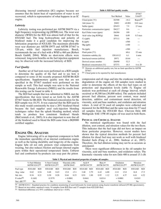 discussing internal combustion (IC) engines because net                                             Table 4. B20 fuel quality results.
assumes that the latent heat of vaporization of water is not                                                                                   D7467
recovered, which is representative of what happens in an IC                     Property                          Test Method      Value       Limit[a]
engine.                                                                         Cloud point (°C)                     D2500         ‐18.2      Report[b]
                                                                                Ash (mass %)                         D482         <0.001      0.01 max
Lubricity                                                                       Sulfur (ppm)                         D5453          7.9        15 max
   Lubricity testing was performed per ASTM D6079 via a                         Particulate contamination (ppm)      D6217          0.6          --
high frequency reciprocating rig (HFRR) test. The wear scar                     Karl Fisher water (ppm)              D6304          109          --
diameter (WSD) for the B20 was almost half of that for the                      Acid value (mg KOH/g)                D664           0.09      0.3 max
#2ULSD fuel. The long hydrocarbons and polarity of                              Ca (ppb)                             D7111          106          --
biodiesel make it a good candidate for improving the                            K (ppb)                                            <500          --
lubrication properties of #2ULSD. The maximum allowable                         Mg (ppb)                                           <100          --
wear scar diameter per ASTM D975 and ASTM D7467 is
520 μm, while fuel injection manufacturer, Bosch,                               Na (ppb)                                           <500           --
recommends the use of a fuel with a WSD ≤ 460 μm (Robert                        Flash point (°C)                                    60.6       52 min
Bosch GmbH, 2004). While no short‐term effects were                             Oxidation stability (h)             EN14112         6.1         6 min
witnessed, long‐term benefits on the fuel injection equipment                   Interfacial tension (mN/m)           D971          10.64          --
may be observed with the increased lubricity of B20.                            Derived cetane number                D6890          52.3          --
                                                                                Biodiesel concentration (%)          D7371          18.3       6 to 20
Fuel Quality                                                                    [a] Denotes an additional quality test, but no limit specified in ASTM
   Another set of fuel tests were performed on a B20 sample                         D7467.
                                                                                [b] Cloud point to be reported by fuel manufacturer.
to determine the quality of the fuel and to see how it
compared to some of the recently proposed ASTM B6‐B20
specifications. Supplementary quality tests that are not                        compression and oil rings and into the crankcase resulting in
specified in the D7467 standard were performed on this                          degradation of the engine oil. Oil samples were studied in
sample as well. This fuel sample was sent to the National                       order to determine the effects of the two fuel types on oil
Renewable Energy Laboratory (NREL) and the results from                         protection and degradation levels (table 5). Engine oil
this testing can be found in table 4.                                           analysis was performed at each oil change interval, which
   The B20 fuel sample that was submitted to NREL met the                       occurred at 48,300 km (30,000 miles). The analysis included
specifications that were tested as set forth by the ASTM                        percent fuel dilution, percent soot content, wear metal
D7467 limits for B6‐B20. The biodiesel concentration for the                    detection, additive and contaminant metal detection, oil
B20 sample was 18.3%. It was expected that the B20 used in                      viscosity, acid and base numbers, and oxidation and nitration
this study would consistently be near a 20% biodiesel blend                     values. A total of 54 used oil samples were collected and
because the fuel supplier used rack‐injection blending                          measured for the B20 fleet and the same was done for 57 used
techniques rather than the splash blending method, which                        oil samples from the #2ULSD fleet. Chevron Delo 400
tends to produce less consistent biodiesel blends                               Multigrade SAE 15W‐40 engine oil was used in both fleets.
(McCormick et al., 2005). It is also important to note that all
of the biodiesel used to blend the B20 came from a BQ9000                       PHYSICAL AND CHEMICAL ANALYSIS
certified supplier.                                                                No statistical significance was found with the fuel
                                                                                dilution, soot content, and nitration values for the two fleets.
                                                                                This indicates that the fuel type did not have an impact on
                                                                                these particular properties. However, recent studies have
ENGINE OIL ANALYSIS                                                             shown that the typical detection methods for percent fuel
   Engine lubricating oil is an important component to both                     dilution for diesel fuel may not work as well with biodiesel
the immediate operability of an internal combustion engine                      blended fuels (Fang et al., 2006; Andreae et al., 2007).
as well as the lasting durability and longevity of the engine.                  Therefore, the fuel dilution testing may not be as accurate as
Engine lube oil not only protects vital components from                         anticipated.
wearing, but also reduces friction and keeps internal engine                       There were significant differences in the oil samples for
parts within their operational temperature limits. Unburnt                      viscosity, acid and base numbers, and oxidation values. The
fuel and combustion by‐products can seep past the piston                        kinematic viscosity value for new Delo 400 is around 15.1 cSt
                                             Table 5. Physical and chemical properties of engine oil samples.
                  % Fuel Dilution   % Soot Content       Viscosity (cSt)       Acid #              Base #             Oxidation              Nitration
                  ASTM E2412[a]     ASTM E2412[a]         ASTM D445          ASTM D4739          ASTM D4739         ASTM E2412[a]          ASTM E2412[a]
Fuel type         #2ULSD B20         #2ULSD B20           #2ULSD B20         #2ULSD B20         #2ULSD B20          #2ULSD B20             #2ULSD B20
Avg. value          0.62    0.54       0.48     0.43        13.8     13.1      3.40     3.79      6.43     6.00       11.0    15.0           16.8     17.5
Std. dev.           0.34    0.21       0.30     0.28        0.64     0.53      0.91     1.08      0.95     1.12       3.21    4.37           4.61     4.52
P‐value[b]           0.1601              0.3579             < 0.0001             0.0441             0.0314             < 0.0001                0.4243
Stat. diff.?[c]        No                  No                  Yes                 Yes                Yes                 Yes                    No
[a]   ASTM E2412 ‐ Standard practice for condition monitoring of used lubricants by trend analysis using fourier transform infrared (FT‐IR) spectrometry.
[b]   Based on two‐tailed, unpaired t‐tests; 54 samples from B20 fleet and 57 samples from #2ULSD fleet.
[c]   Statistical difference at a 95% confidence interval (α = 0.05).




340                                                                                                                 APPLIED ENGINEERING IN AGRICULTURE
 