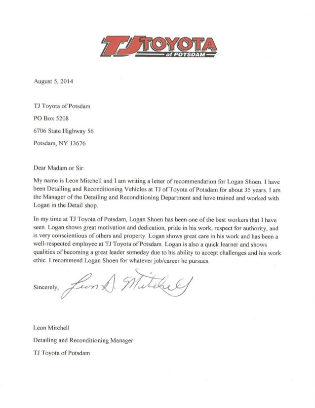 T.J. Toyota of Potsdam Letter of