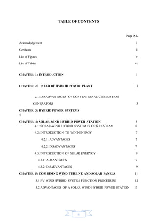 iii
TABLE OF CONTENTS
Page No.
Acknowledgement i
Certificate ii
List of Figures v
List of Tables vi
CHAPTER 1: INTRODUCTION 1
CHAPTER 2: NEED OF HYBRID POWER PLANT 3
2.1: DISADVANTAGES OF CONVENTIONAL COMBUSTION
GENERATORS 3
CHAPTER 3: HYBRID POWER SYSTEMS
4
CHAPTER 4: SOLAR-WIND HYBRID POWER STATION 5
4.1: SOLAR-WIND HYBRID SYSTEM BLOCK DIAGRAM 6
4.2: INTRODUCTION TO WIND ENERGY 7
4.2.1: ADVANTAGES 7
4.2.2: DISADVANTAGES 7
4.3: INTRODUCTION OF SOLAR ENERYGY 9
4.3.1: ADVANTAGES 9
4.3.2: DISADVANTAGES 9
CHAPTER 5: COMBINING WIND TURBINE AND SOLAR PANELS 11
5.1 PV-WIND HYBRID SYSTEM FUNCTION PROCEDURE 12
5.2 ADVANTAGES OF A SOLAR WIND HYBRID POWER STATION 13
 