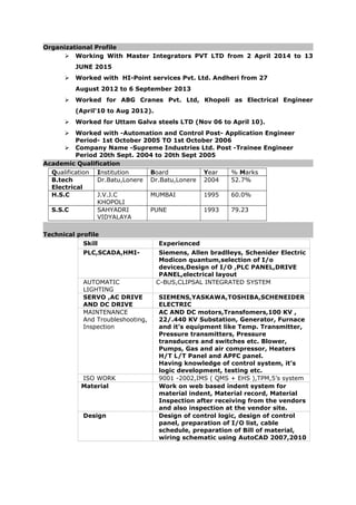 Organizational Profile
 Working With Master Integrators PVT LTD from 2 April 2014 to 13
JUNE 2015
 Worked with HI-Point services Pvt. Ltd. Andheri from 27
August 2012 to 6 September 2013
 Worked for ABG Cranes Pvt. Ltd, Khopoli as Electrical Engineer
(April‘10 to Aug 2012).
 Worked for Uttam Galva steels LTD (Nov 06 to April 10).
 Worked with -Automation and Control Post- Application Engineer
Period- 1st October 2005 TO 1st October 2006
 Company Name -Supreme Industries Ltd. Post -Trainee Engineer
Period 20th Sept. 2004 to 20th Sept 2005
Academic Qualification
Qualification Institution Board Year % Marks
B.tech
Electrical
Dr.Batu,Lonere Dr.Batu,Lonere 2004 52.7%
H.S.C J.V.J.C
KHOPOLI
MUMBAI 1995 60.0%
S.S.C SAHYADRI
VIDYALAYA
PUNE 1993 79.23
Technical profile
Skill Experienced
PLC,SCADA,HMI- Siemens, Allen bradlleys, Schenider Electric
Modicon quantum,selection of I/o
devices,Design of I/O ,PLC PANEL,DRIVE
PANEL,electrical layout
AUTOMATIC
LIGHTING
C-BUS,CLIPSAL INTEGRATED SYSTEM
SERVO ,AC DRIVE
AND DC DRIVE
SIEMENS,YASKAWA,TOSHIBA,SCHENEIDER
ELECTRIC
MAINTENANCE
And Troubleshooting,
Inspection
AC AND DC motors,Transfomers,100 KV ,
22/.440 KV Substation, Generator, Furnace
and it’s equipment like Temp. Transmitter,
Pressure transmitters, Pressure
transducers and switches etc. Blower,
Pumps, Gas and air compressor, Heaters
H/T L/T Panel and APFC panel.
Having knowledge of control system, it’s
logic development, testing etc.
ISO WORK 9001 -2002,IMS ( QMS + EHS ),TPM,5’s system
Material Work on web based indent system for
material indent, Material record, Material
Inspection after receiving from the vendors
and also inspection at the vendor site.
Design Design of control logic, design of control
panel, preparation of I/O list, cable
schedule, preparation of Bill of material,
wiring schematic using AutoCAD 2007,2010
 