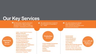 Our Key Services
Production
Services
We custom develop and manage
digital destinations for brands ---
online channels that converge content,
community and commerce.
Channel Design
Channel Setup
Channel Management
Content Distribution
Content Scheduling
Tech Support
Design Support
Membership Profile Management
Reporting: Audience Viewing
Behaviors, Social Profiles, Social
Sharing, and Other Social Activity
Content Discovery Amplification
We create all formats of content for
all environments, but specialize in
one…VIDEO.
Content Strategy Development
Creative Concept Ideation
Storyboard Development
Script Writing
Casting
Production
Post Production
We help brands create the ideal brand
story across their digital ecosystem ---
identifying wins to amplify & challenges
to resolve – all decisions driven by data.
Digital + Social Platforms Analysis
Website UX Review
Customer Journey Analysis
Strategy Development
Social Community Setup
Social Community Management
Campaign Development
(social/EDM/digital/website)
Campaign Management
Content Creation + Acquisition
Content Amplification + Distribution
Audience/Customer Analysis
Audience Acquisition
Influencer Activation
Brand Collaboration Activation
Performance Reporting: content,
environments + audience
Marketing
Social
Services
channelPLAY
Platform
Services
 