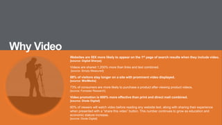 Why Video
Websites are 50X more likely to appear on the 1st page of search results when they include video.
[source: Digital Sherpa]
Videos are shared 1,200% more than links and text combined.
[source: Simply Measured]
88% of visitors stay longer on a site with prominent video displayed.
[source: MistMedia]
73% of consumers are more likely to purchase a product after viewing product videos.
[source: Forrester Research]
Video promotion is 600% more effective than print and direct mail combined.
[source: Diode Digital]
60% of viewers will watch video before reading any website text, along with sharing their experience
when presented with a “share this video” button. This number continues to grow as education and
economic stature increase.
[source: Diode Digital]
 