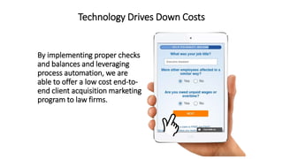 Technology Drives Down Costs
By implementing proper checks
and balances and leveraging
process automation, we are
able to offer a low cost end-to-
end client acquisition marketing
program to law firms.
 