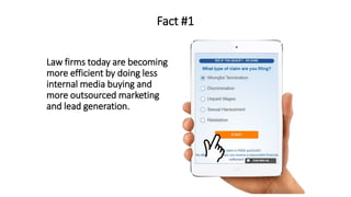 Fact #1
Law firms today are becoming
more efficient by doing less
internal media buying and
more outsourced marketing
and lead generation.
 
