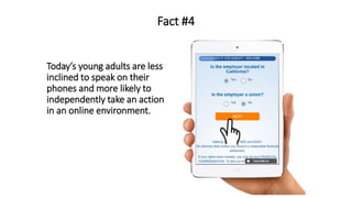 Fact #4
Todays young adults are less
inclined to speak on their
phones and more likely to
independently take an action
in an online environment.
 