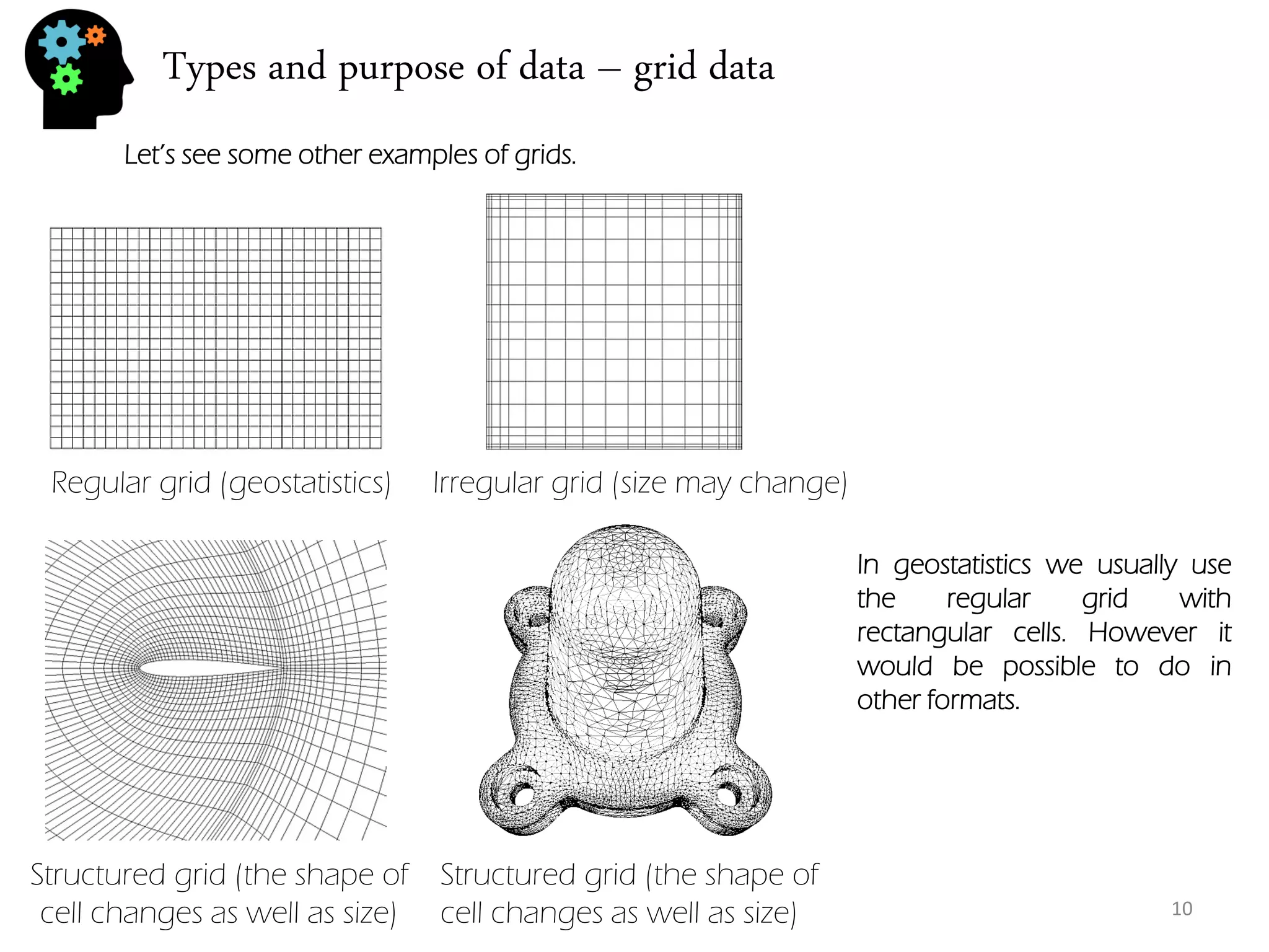 Types and purpose of data – grid data 
Let’s see some other examples of grids. 
Regular grid (geostatistics) 
Irregular grid (size may change) 
Structured grid (the shape of cell changes as well as size) 
Structured grid (the shape of cell changes as well as size) 
In geostatistics we usually use the regular grid with rectangular cells. However it would be possible to do in other formats. 
10  