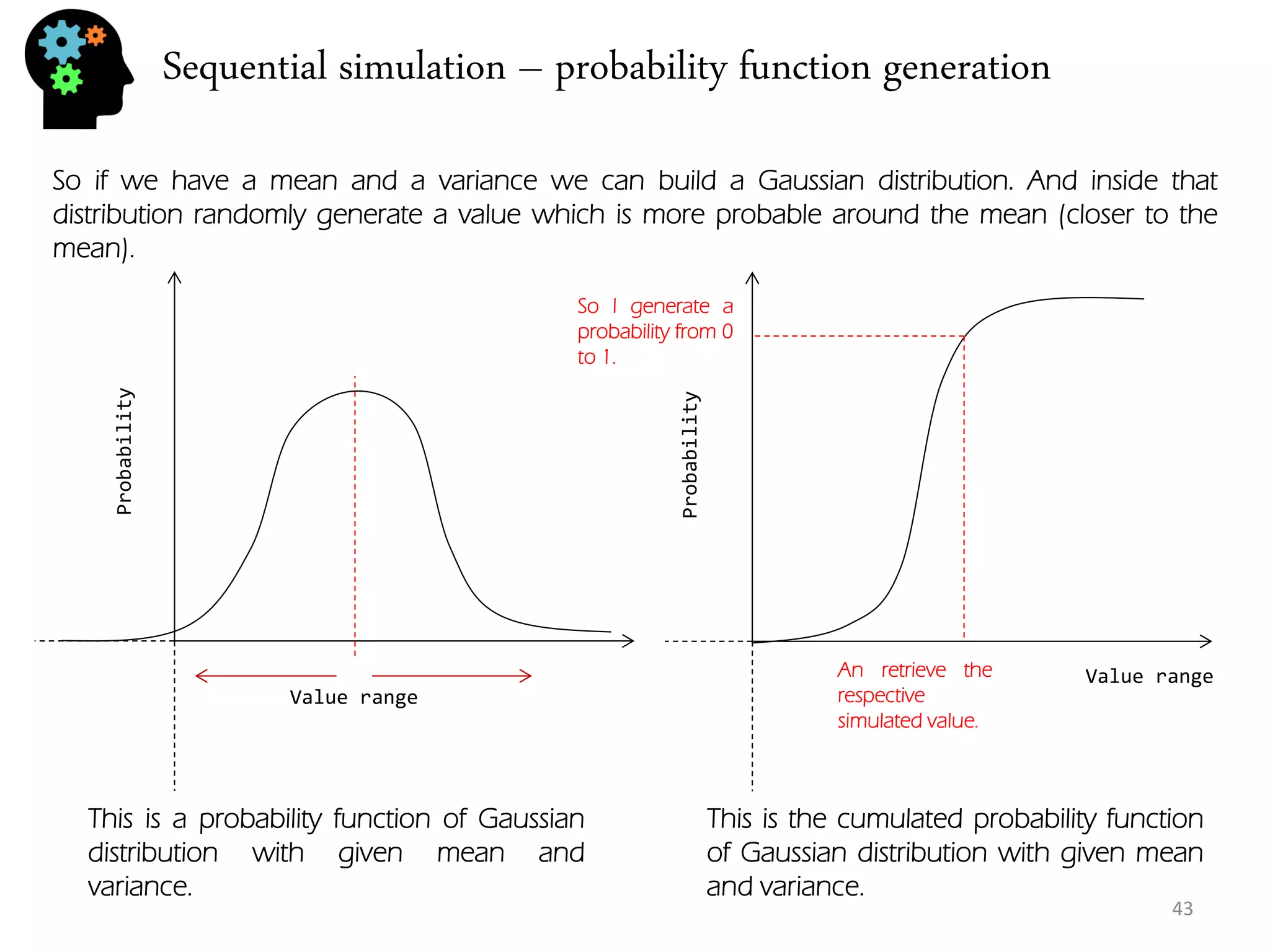 Sequential simulation – probability function generation 
43 
So if we have a mean and a variance we can build a Gaussian distribution. And inside that distribution randomly generate a value which is more probable around the mean (closer to the mean). 
Value range 
Probability 
Value range 
Probability 
So I generate a probability from 0 to 1. 
An retrieve the respective simulated value. 
This is a probability function of Gaussian distribution with given mean and variance. 
This is the cumulated probability function of Gaussian distribution with given mean and variance.  