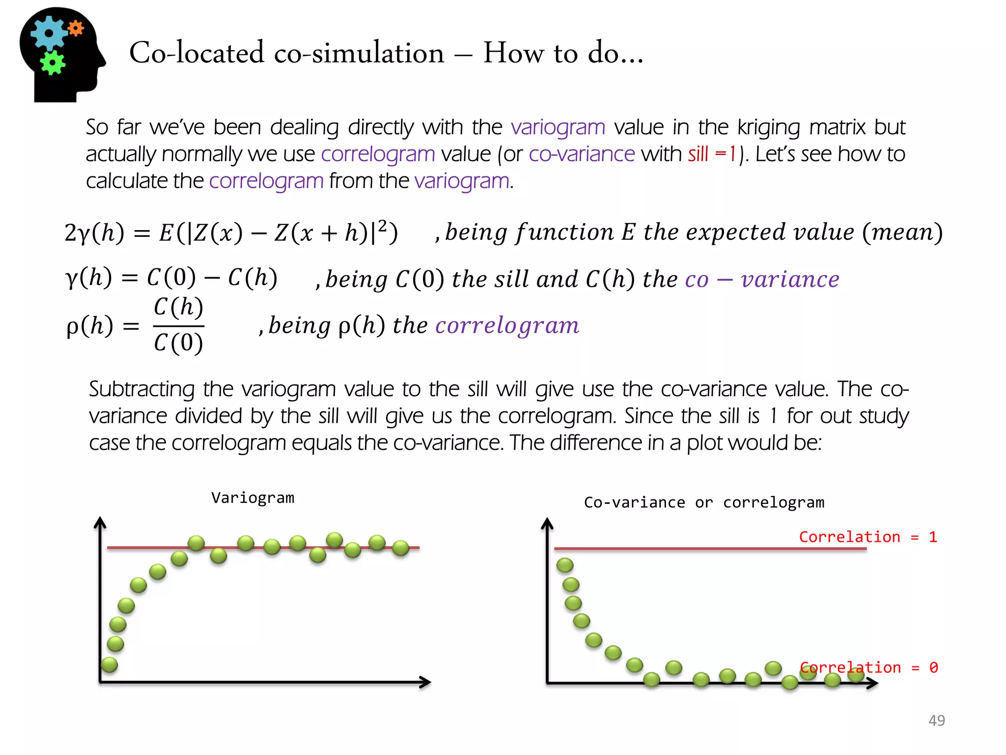 Co-located co-simulation – How to do… 
49 
2γℎ=퐸푍푥−푍푥+ℎ2 
γℎ=퐶0−퐶(ℎ) 
,푏푒푖푛푔 푓푢푛푐푡푖표푛 퐸 푡ℎ푒 푒푥푝푒푐푡푒푑 푣푎푙푢푒 (푚푒푎푛) 
,푏푒푖푛푔 퐶0 푡ℎ푒 푠푖푙푙 푎푛푑 퐶ℎ 푡ℎ푒 푐표−푣푎푟푖푎푛푐푒 
ρℎ= 퐶(ℎ) 퐶(0) 
,푏푒푖푛푔 ρℎ 푡ℎ푒 푐표푟푟푒푙표푔푟푎푚 
So far we’ve been dealing directly with the variogram value in the kriging matrix but actually normally we use correlogram value (or co-variance with sill =1). Let’s see how to calculate the correlogram from the variogram. 
Subtracting the variogram value to the sill will give use the co-variance value. The co- variance divided by the sill will give us the correlogram. Since the sill is 1 for out study case the correlogram equals the co-variance. The difference in a plot would be: 
Variogram 
Co-variance or correlogram 
Correlation = 1 
Correlation = 0  