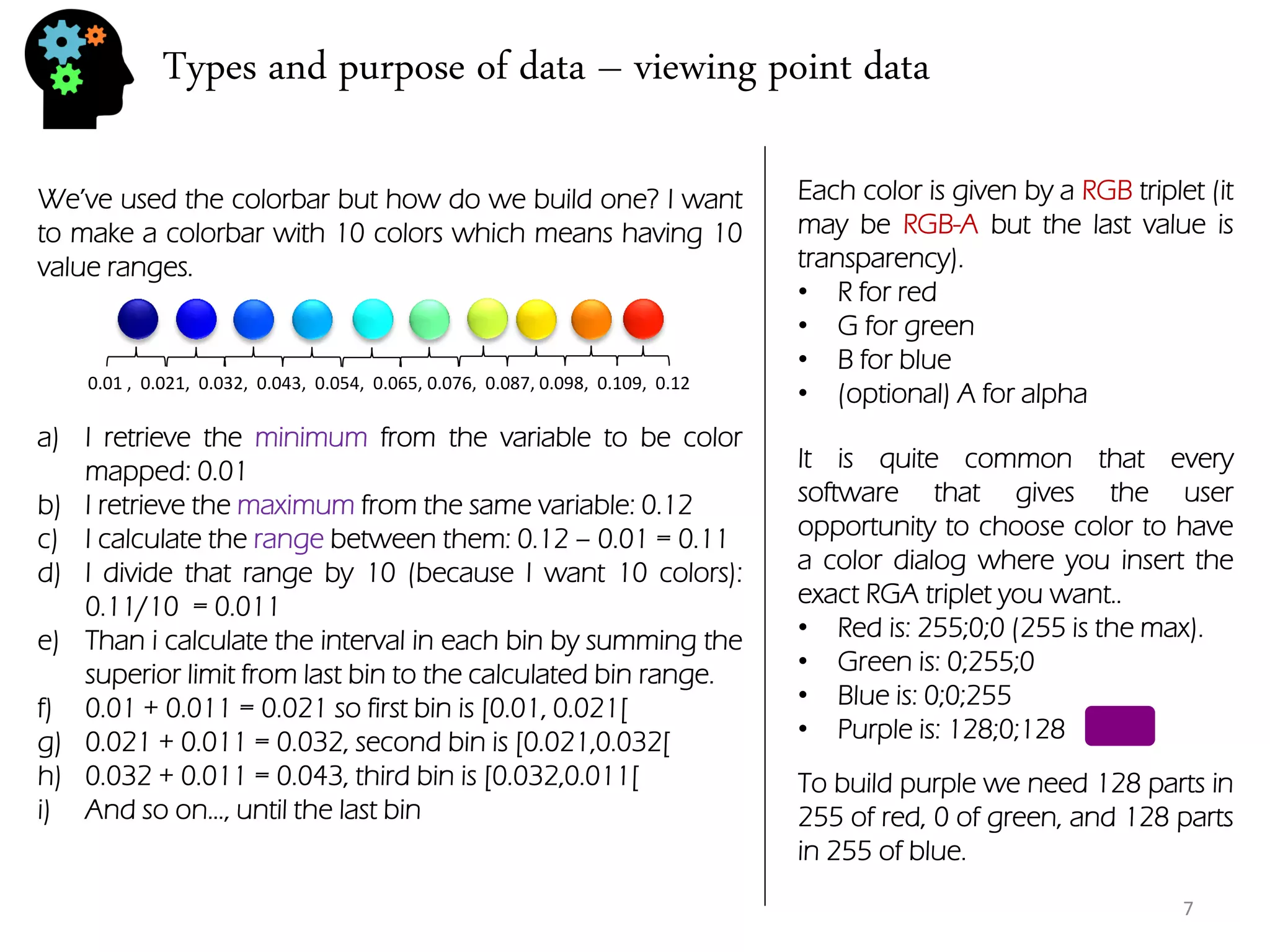 Types and purpose of data – viewing point data 
We’ve used the colorbar but how do we build one? I want to make a colorbar with 10 colors which means having 10 value ranges. 
0.01 , 0.021, 0.032, 0.043, 0.054, 0.065, 0.076, 0.087, 0.098, 0.109, 0.12 
a)I retrieve the minimum from the variable to be color mapped: 0.01 
b)I retrieve the maximum from the same variable: 0.12 
c)I calculate the range between them: 0.12 – 0.01 = 0.11 
d)I divide that range by 10 (because I want 10 colors): 0.11/10 = 0.011 
e)Than i calculate the interval in each bin by summing the superior limit from last bin to the calculated bin range. 
f)0.01 + 0.011 = 0.021 so first bin is [0.01, 0.021[ 
g)0.021 + 0.011 = 0.032, second bin is [0.021,0.032[ 
h)0.032 + 0.011 = 0.043, third bin is [0.032,0.011[ 
i)And so on…, until the last bin 
Each color is given by a RGB triplet (it may be RGB-A but the last value is transparency). 
•R for red 
•G for green 
•B for blue 
•(optional) A for alpha 
It is quite common that every software that gives the user opportunity to choose color to have a color dialog where you insert the exact RGA triplet you want.. 
•Red is: 255;0;0 (255 is the max). 
•Green is: 0;255;0 
•Blue is: 0;0;255 
•Purple is: 128;0;128 
To build purple we need 128 parts in 255 of red, 0 of green, and 128 parts in 255 of blue. 
7  