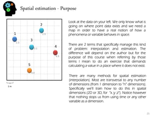 Spatial estimation - Purpose 
25 
1 
2 
3 
4 
5 
1 m 
2.3 
2.9 
3.1 
4.4 
4.9 
Look at the data on your left. We only know what is going on where point data exists and we need a map in order to have a real notion of how a phenomena or variable behaves in space. 
There are 2 terms that specifically manage this kind of problem: interpolation and estimation. The difference will depend on the author but for the purpose of this course when referring by those terms I mean to do an exercise that demands calculating a value in a place where it does not exist. 
There are many methods for spatial estimation (interpolation). Most are transversal to any number of dimensions (from 1 dimension to “n” dimensions). Specifically we’ll train how to do this in spatial dimensions (2D or 3D, for “x ;y ;z”). Notice however that nothing stops us from using time or any other variable as a dimension.  