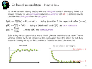 Co-located co-simulation – How to do… 
49 
2γℎ=퐸푍푥−푍푥+ℎ2 
γℎ=퐶0−퐶(ℎ) 
,푏푒푖푛푔 푓푢푛푐푡푖표푛 퐸 푡ℎ푒 푒푥푝푒푐푡푒푑 푣푎푙푢푒 (푚푒푎푛) 
,푏푒푖푛푔 퐶0 푡ℎ푒 푠푖푙푙 푎푛푑 퐶ℎ 푡ℎ푒 푐표−푣푎푟푖푎푛푐푒 
ρℎ= 퐶(ℎ) 퐶(0) 
,푏푒푖푛푔 ρℎ 푡ℎ푒 푐표푟푟푒푙표푔푟푎푚 
So far we’ve been dealing directly with the variogram value in the kriging matrix but actually normally we use correlogram value (or co-variance with sill =1). Let’s see how to calculate the correlogram from the variogram. 
Subtracting the variogram value to the sill will give use the co-variance value. The co- variance divided by the sill will give us the correlogram. Since the sill is 1 for out study case the correlogram equals the co-variance. The difference in a plot would be: 
Variogram 
Co-variance or correlogram 
Correlation = 1 
Correlation = 0  