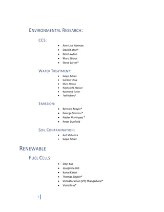 7
ENVIRONMENTAL RESEARCH:
CCS:
 Ann-Lise Norman
 David Eaton*
 Don Lawton
 Marc Strous
 Steve Larter*
WATER TREATMENT:
 Gopal Achari
 Gordon Chua
 Marc Strous
 Nashaat N. Nassar
 Raymond Tuner
 Ted Robert*
EMISSION:
 Bernard Mayer*
 George Shimizu*
 Nader Mahinpey *
 Peter Dunfield
SOIL CONTAMINATION:
 Anil Mehrotra
 Gopal Achari
RENEWABLE
FUEL CELLS:
 Deyi Xue
 Josephine Hill
 Kunal Karan
 Thomas Ziegler*
 Venkataraman (VT) Thangadurai*
 Viola Birss*
 