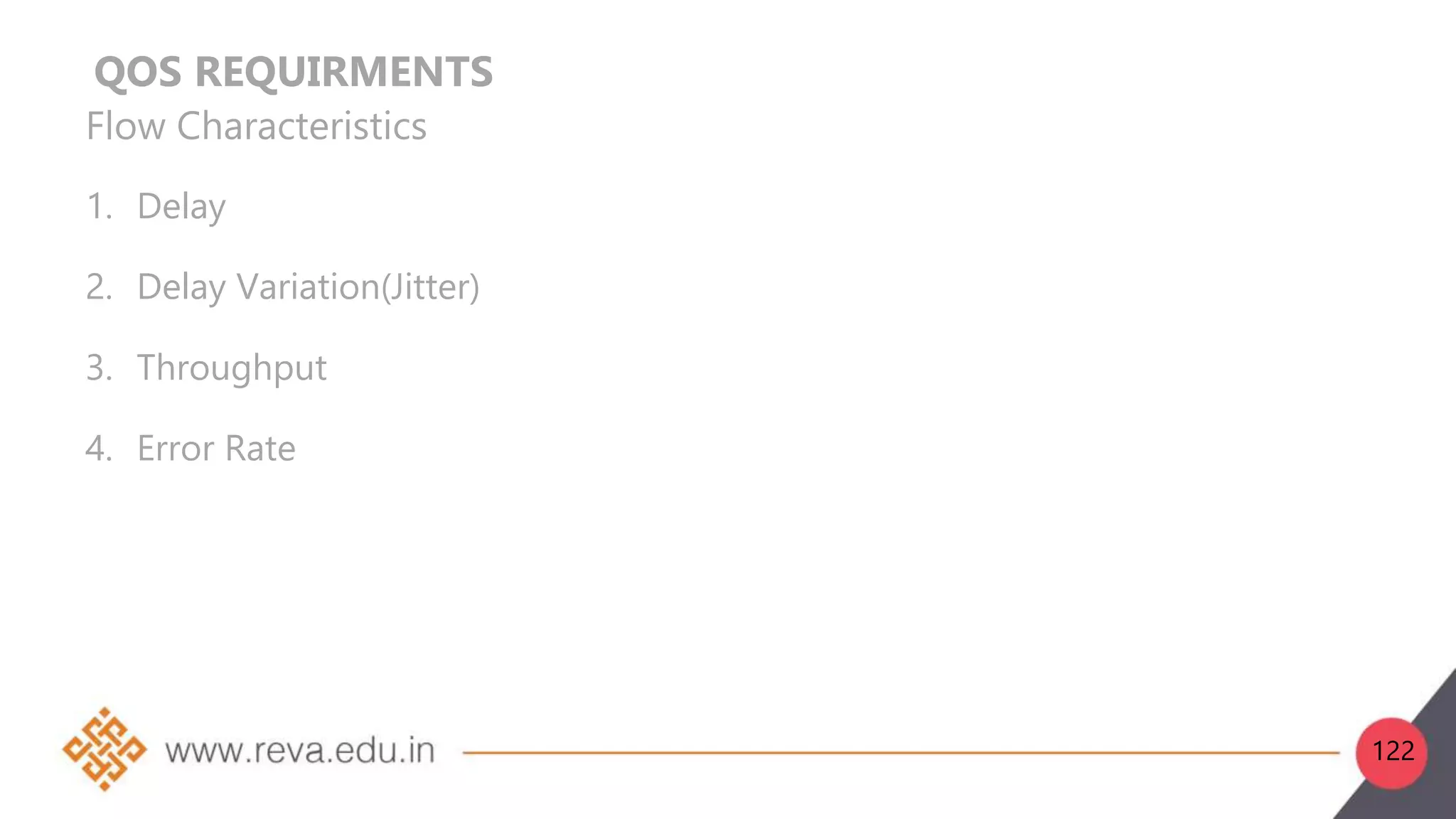 QOS REQUIRMENTS
Flow Characteristics
1. Delay
2. Delay Variation(Jitter)
3. Throughput
4. Error Rate
122
 