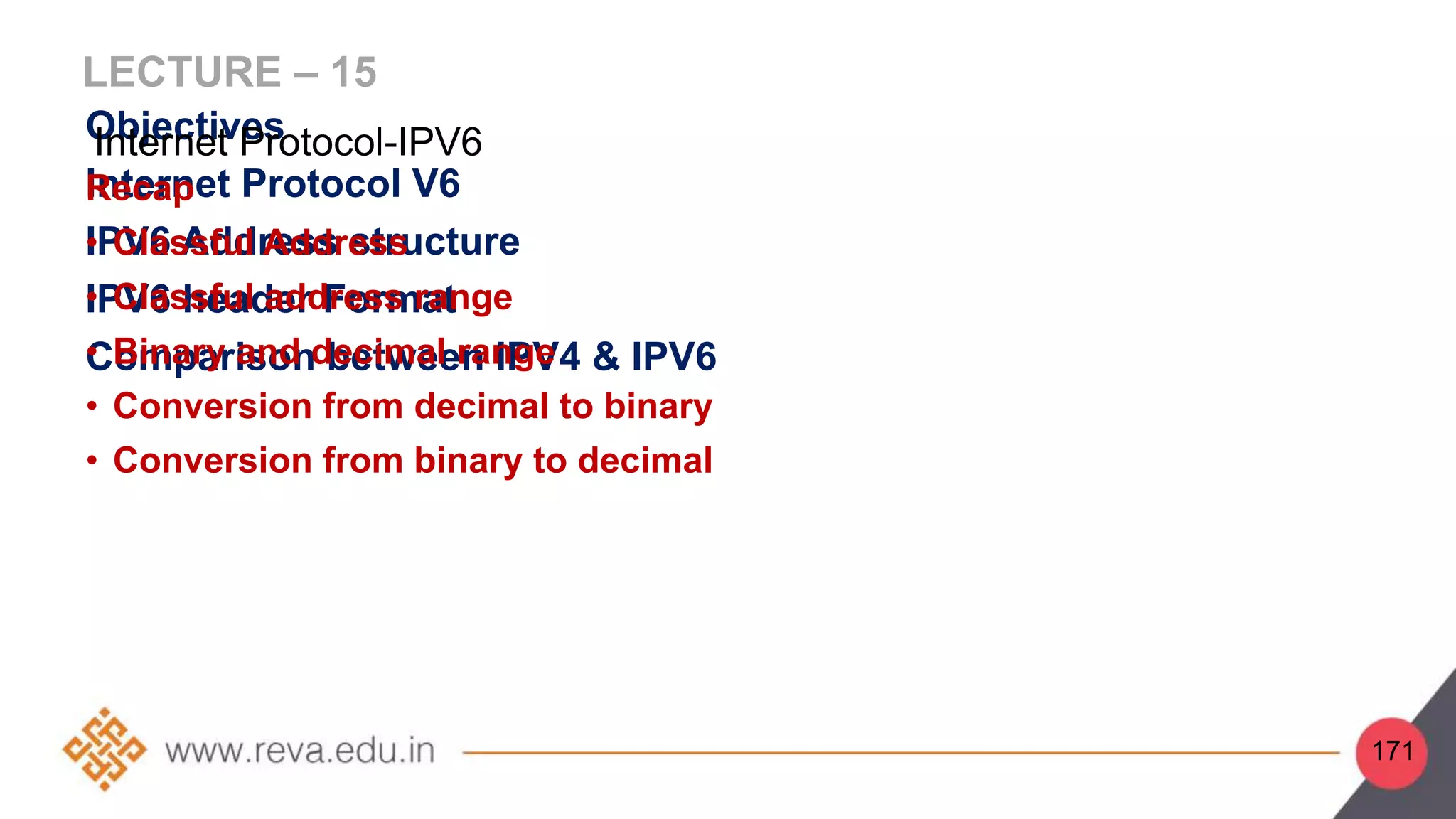 LECTURE – 15
Objectives
Internet Protocol V6
IPV6 Address structure
IPV6 header Format
Comparison between IPV4 & IPV6
Recap
• Classful Address
• Classful address range
• Binary and decimal range
• Conversion from decimal to binary
• Conversion from binary to decimal
Internet Protocol-IPV6
171
 