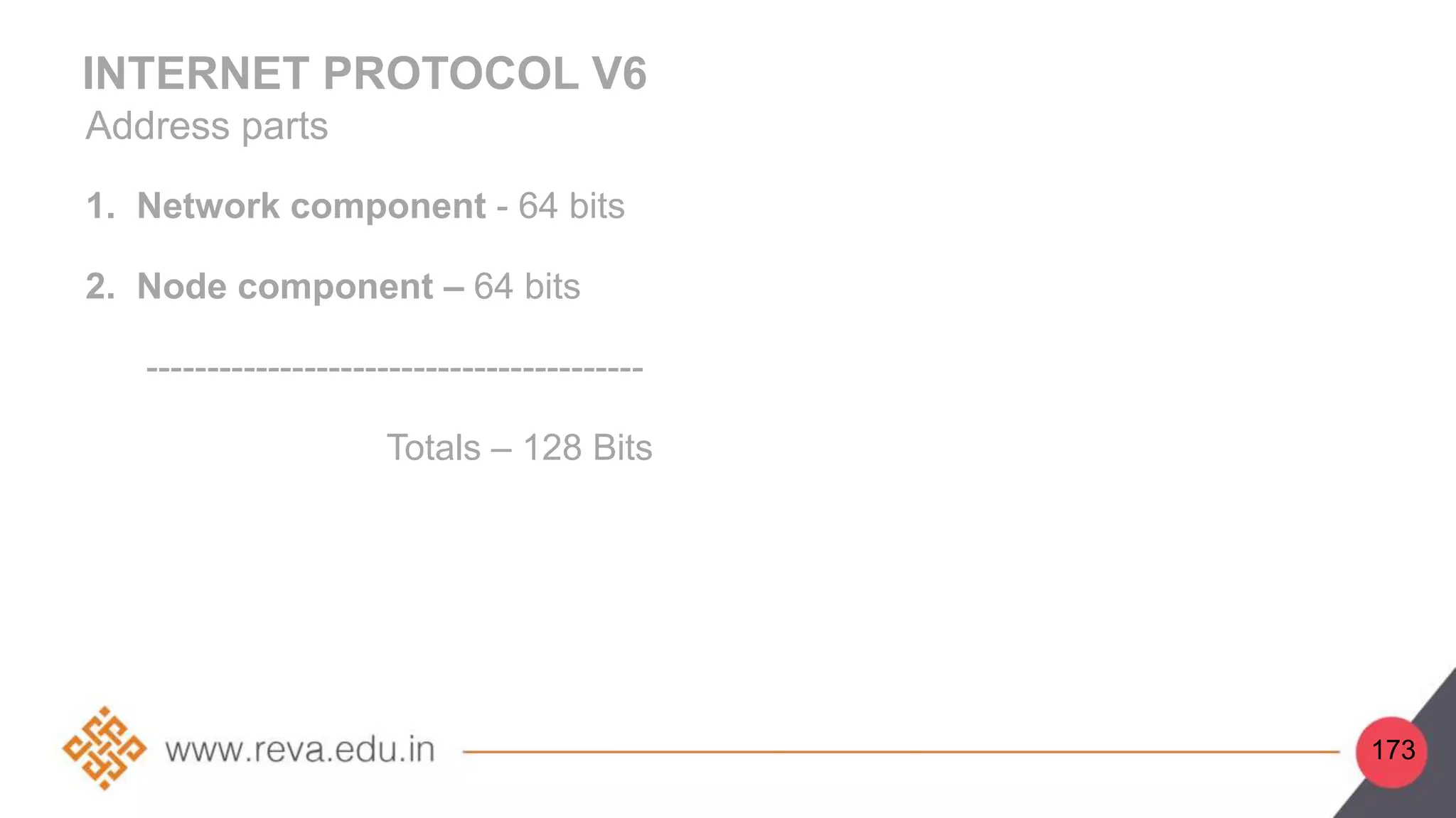 INTERNET PROTOCOL V6
Address parts
1. Network component - 64 bits
2. Node component – 64 bits
-----------------------------------------
Totals – 128 Bits
173
 