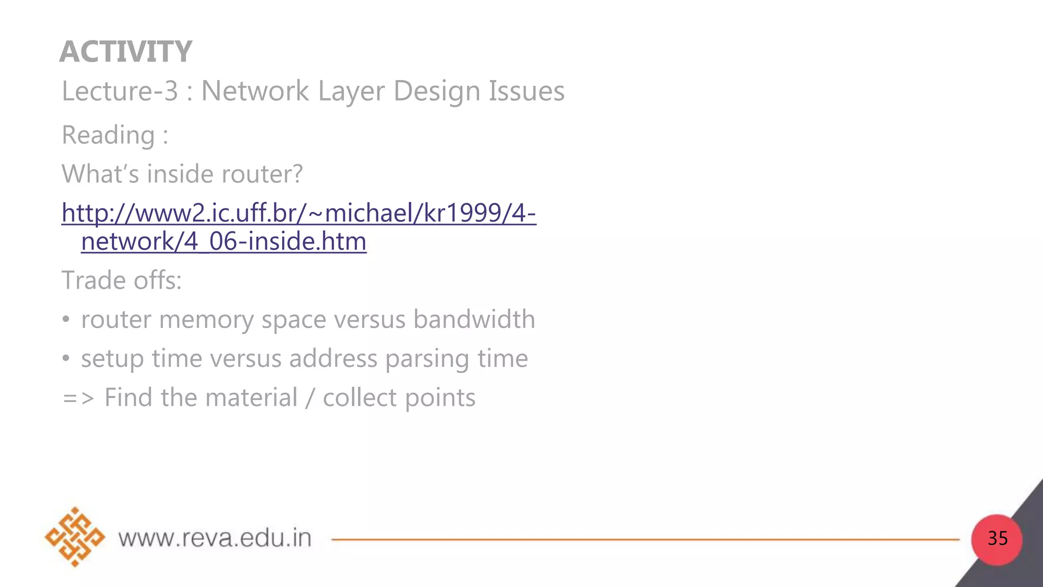 ACTIVITY
Lecture-3 : Network Layer Design Issues
Reading :
What’s inside router?
http://www2.ic.uff.br/~michael/kr1999/4-
network/4_06-inside.htm
Trade offs:
• router memory space versus bandwidth
• setup time versus address parsing time
=> Find the material / collect points
35
 