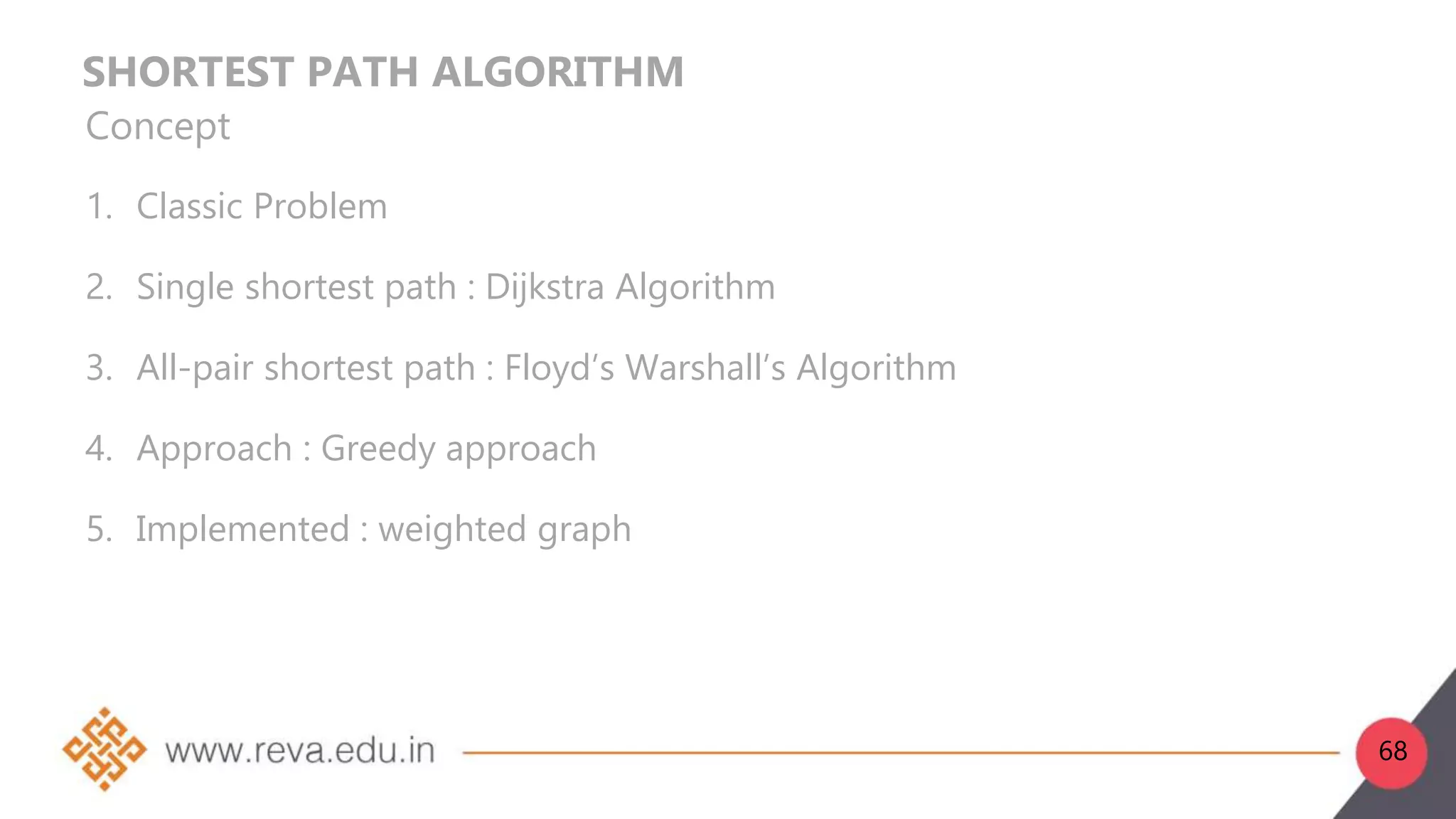SHORTEST PATH ALGORITHM
Concept
1. Classic Problem
2. Single shortest path : Dijkstra Algorithm
3. All-pair shortest path : Floyd’s Warshall’s Algorithm
4. Approach : Greedy approach
5. Implemented : weighted graph
68
 