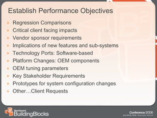 Establish Performance Objectives Regression Comparisons Critical client facing impacts Vendor sponsor requirements  Implications of new features and sub-systems Technology Ports: Software-based Platform Changes: OEM components OEM tuning parameters Key Stakeholder Requirements Prototypes for system configuration changes Other…Client Requests 