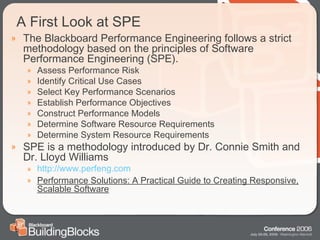 A First Look at SPE The Blackboard Performance Engineering follows a strict methodology based on the principles of Software Performance Engineering (SPE). Assess Performance Risk Identify Critical Use Cases Select Key Performance Scenarios Establish Performance Objectives Construct Performance Models Determine Software Resource Requirements Determine System Resource Requirements SPE is a methodology introduced by Dr. Connie Smith and Dr. Lloyd Williams http://www.perfeng.com Performance Solutions: A Practical Guide to Creating Responsive, Scalable Software 