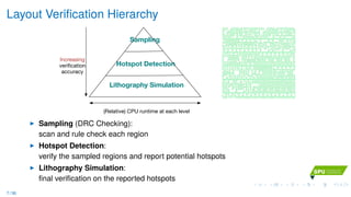 Layout Veriﬁcation Hierarchy
Increasing
veriﬁcation
accuracy
Sampling
Hotspot Detection
Lithography Simulation
(Relative) CPU runtime at each level
Sampling (DRC Checking):
scan and rule check each region
Hotspot Detection:
verify the sampled regions and report potential hotspots
Lithography Simulation:
ﬁnal veriﬁcation on the reported hotspots
7 / 36
 