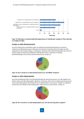 IVL-rapport B 2228 Klimatanpassning 2015 - Så långt har Sveriges kommuner kommit
22
Figur 18. Vilka typer av klimatvariabler/klimatparametrar är inkluderade i analysen? (Flera alternativ
var möjliga att välja).
Analys av olika klimatscenarier
En annan viktig del för att identifiera risker och sårbarheter från klimatförändringar är att basera
analyserna på olika klimatscenarier. Klimatscenarier beskriver framtidens klimat och bygger på olika
antaganden om till exempel utsläpp av växthusgaser. Resultaten från enkätundersökningen visar att det är
relativt vanligt att kommunerna inkluderar olika klimatscenarier i analyserna av framtida
klimatförändringar och hur de kan påverka kommunerna, se Figur 19.
Figur 19. Har ni använt er av olika klimatscenarier (t.ex. från SMHI) i analysen?
Analys av olika tidsperspektiv
För att få en heltäckande bild av hur klimatförändringar kan påverka kommunen, och vilka åtgärder som
behöver vidtas, bör olika tidsperspektiv inkluderas i analyserna. Det är inte så vanligt att kommunerna har
använt olika tidsperspektiv (det vill säga fler än ett tidsperspektiv) i sina analyser. Ungefär en tredjedel av
kommunerna har inkluderat olika tidsperspektiv, vilket motsvarar 32 kommuner, se Figur 20.
Figur 20. Har ni använt er av olika tidsperspektiv (t.ex. kort sikt och lång sikt) i analysen?
0 10 20 30 40 50 60
Temperatur (t.ex. medeltemperatur och värmeböljor)
Nederbörd (t.ex. medelnederbörd och extrem nederbörd)
Vattenflöden i sjöar och vattendrag (t.ex. medelvattenföring och
100-årsflöden)
Vattenstånd havet (t.ex. medelvattenstånd och extrema
vattenstånd)
Annat
Antal svar
Ja
66%
Nej
16%
Vet inte
18%
Ja
34%
Nej
50%
Vet inte
16%
 