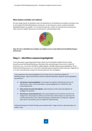 IVL-rapport B 2228 Klimatanpassning 2015 - Så långt har Sveriges kommuner kommit
25
Mest sårbara områden och sektorer
Ett sista viktigt steg för att identifiera risker och sårbarheter är att identifiera de områden och sektorer som
är mest sårbara för klimatförändringar i kommunen. Av de kommuner som har analyserat framtida
klimatförändringar har ungefär 7 av 10 kommuner gjort det, se Figur 26. Det motsvarar 62 kommuner,
vilket motsvarar ungefär 38 procent av kommunerna i undersökningen totalt.
Figur 26. Har ni identifierat de områden och sektorer som är mest sårbara för klimatförändringar i
kommunen?
Steg 3 – Identifiera anpassningsåtgärder
I det tredje steget i anpassningsarbetet börjar arbetet med att identifiera åtgärder för att minska
konsekvenserna från klimatförändringar. Resultaten från undersökningen visar att det är relativt få
kommuner (4 av 10) som har identifierat möjliga åtgärder vad gäller klimatanpassningsåtgärder. Det är
också relativt få kommuner (4 av 10) som har undersökt goda exempel från andra kommuner. Något fler (6
av 10) har undersökt goda exempel och rekommendationer från myndigheter.
Ja
67%
Nej
24%
Vet inte
9%
I steg 3 identifieras olika anpassningsåtgärder för att minska risker och sårbarheter kopplade till
klimatförändringar. Enligt EU-kommissionen (2013a) är följande delaktiviteter viktiga när anpassningsåtgärder
ska identifieras:
a) Inventering av anpassningsåtgärder. Inventeringen bör utgå från de identifierade riskerna och
sårbarheterna i steg 2. Sammanställningen av anpassningsåtgärder bör innehålla flera olika
anpassningsalternativ.
b) Goda exempel och existerande åtgärder. Goda exempel och redan existerande åtgärder bör
kartläggas och utvärderas.
c) Beskrivning av anpassningsalternativ. Varje anpassningsalternativ bör beskrivas så konkret som
möjligt för att i nästa steg kunna jämföra och prioritera dem. Beskrivningarna av alternativen bör
innehålla följande delar; syfte, implementeringssteg, underhållsarbete, ansvarig aktör, stödjande
aktör, behov av finansiella resurser och tidplan för implementering.
Enkätundersökningen har försökt att fånga upp ovanstående delar. I bilaga 2 beskrivs i detalj vilka frågor som
ställdes i steg 3.
 