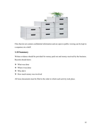 12
Files that do not contain confidential information and are open to public viewing can be kept in
a sequence on a shelf.
1.10 Summary
Written evidence should be provided for money paid out and money received by the business.
Records should show:
 What was done
 When it was done
 Who did it
 How much money was involved
All loose documents must be filed in the order in which each activity took place.
 