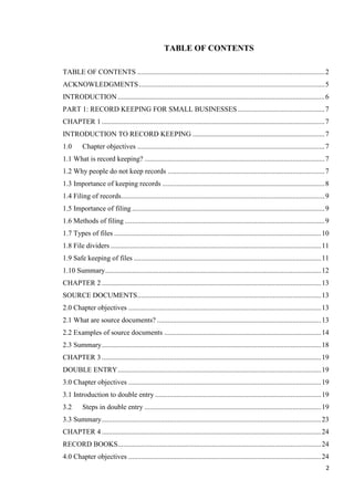 2
TABLE OF CONTENTS
TABLE OF CONTENTS .........................................................................................................2
ACKNOWLEDGMENTS........................................................................................................5
INTRODUCTION ....................................................................................................................6
PART 1: RECORD KEEPING FOR SMALL BUSINESSES.................................................7
CHAPTER 1.............................................................................................................................7
INTRODUCTION TO RECORD KEEPING ..........................................................................7
1.0 Chapter objectives .........................................................................................................7
1.1 What is record keeping? .....................................................................................................7
1.2 Why people do not keep records ........................................................................................7
1.3 Importance of keeping records ...........................................................................................8
1.4 Filing of records..................................................................................................................9
1.5 Importance of filing ............................................................................................................9
1.6 Methods of filing ................................................................................................................9
1.7 Types of files ....................................................................................................................10
1.8 File dividers ......................................................................................................................11
1.9 Safe keeping of files .........................................................................................................11
1.10 Summary.........................................................................................................................12
CHAPTER 2...........................................................................................................................13
SOURCE DOCUMENTS.......................................................................................................13
2.0 Chapter objectives ............................................................................................................13
2.1 What are source documents? ............................................................................................13
2.2 Examples of source documents ........................................................................................14
2.3 Summary...........................................................................................................................18
CHAPTER 3...........................................................................................................................19
DOUBLE ENTRY..................................................................................................................19
3.0 Chapter objectives ............................................................................................................19
3.1 Introduction to double entry .............................................................................................19
3.2 Steps in double entry ...................................................................................................19
3.3 Summary...........................................................................................................................23
CHAPTER 4...........................................................................................................................24
RECORD BOOKS..................................................................................................................24
4.0 Chapter objectives ............................................................................................................24
 